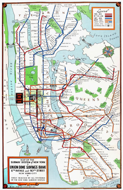 New York: Subway Map, 1940. /Nmap Of The Subway System Of New York City, Published By The Union Dime Savings Bank, 1940. Poster Print by Granger Collection - Item # VARGRC0091976