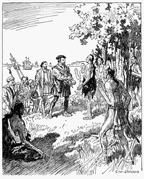 Jacques Cartier (1491-1557). /Nfrench Sailor And Explorer. Cartier With His Men Meeting With The Hurons And Iroquois Of The St. Lawrence River In 1535. Drawing By C.W. Jefferys. Poster Print by Granger Collection - Item # VARGRC0097265