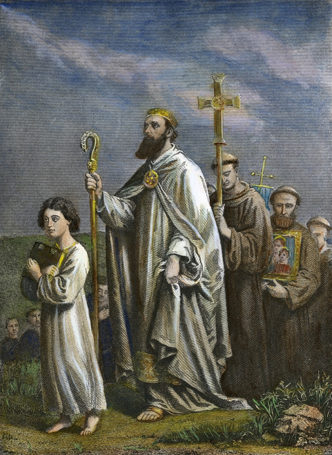 St. Patrick (389-461). /Npatron Saint Of Ireland. Travelling To Tara. Line Engraving, 19Th Century. Poster Print by Granger Collection - Item # VARGRC0009802 St. Patrick (389-461). /Npatron Saint Of Ireland. Travelling To Tara. Line Engraving, 19Th Century. Poster Print by Granger Collection - Item # VARGRC0009802