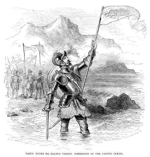 Vasco Nunez De Balboa /N(1475-1519). Spanish Explorer. Balboa Taking Possession Of The Pacific Ocean For Spain On 29 September 1513. Line Engraving, American, 19Th Century. Poster Print by Granger Collection - Item # VARGRC0016497