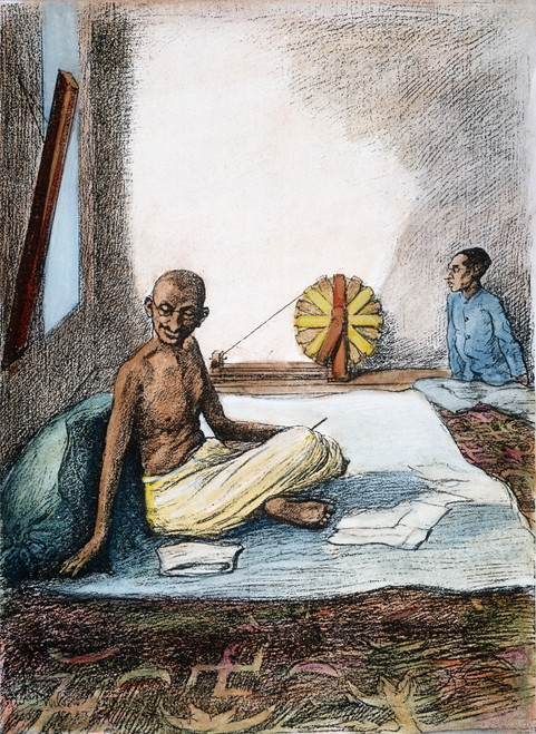 Mohandas Gandhi (1869-1948). /Nindian Nationalist And Spiritual Leader. Gandhi With His Secretary Mahadev Desai In A Bungalow In Madras, India, In 1921. Contemporary Drawing. Poster Print by Granger Collection - Item # VARGRC0053469