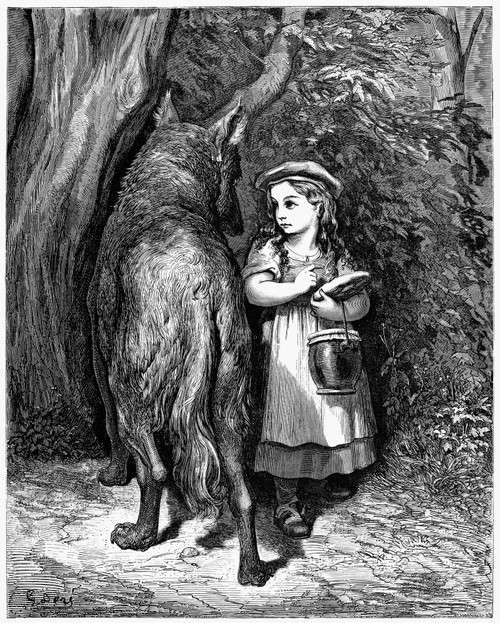 Little Red Riding Hood. /Nthe Wolf And Little Red Riding Hood. Engraving After Gustave Dore From A C1860 Edition Of The Charles Perrault Fairy Tale, 19Th Century. Poster Print by Granger Collection - Item # VARGRC0015143