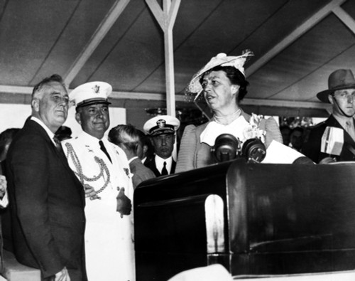 Anna Eleanor Roosevelt/N(1884-1962). Wife Of Franklin Delano Roosevelt. Speaking At A Public Event With President Franklin To The Side (First Left). Photographed 1938. Poster Print by Granger Collection - Item # VARGRC0108214