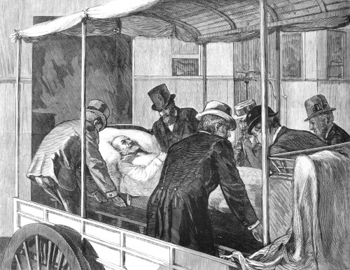 James A. Garfield /N(1831-1881). 20Th President Of The United States. Moving The Wounded President From The Express Wagon To The Railway Car, 1881. American Newspaper Engraving, 1881. Poster Print by Granger Collection - Item # VARGRC0089976
