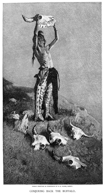 Remington: Buffalo, 1892. /N'Conjuring Back The Buffalo.' Wood Engraving, 1892, After A Painting By Frederic Remington. Poster Print by Granger Collection - Item # VARGRC0012383