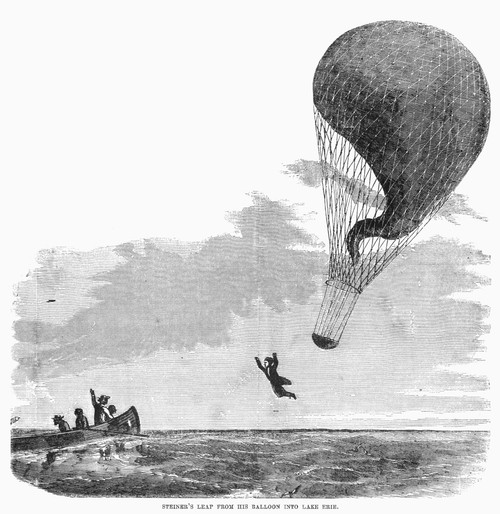Balloon Accident, 1857. /Nprofessor John Steiner Leaping From His Hot Air Balloon Into Lake Erie During An Attempt To Fly To Canada In 1857. Contemporary American Wood Engraving. Poster Print by Granger Collection - Item # VARGRC0091148