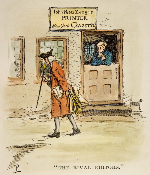 Zenger And Bradford, 1730S. /Nwilliam Bradford, John Peter Zenger'S Rival Publisher, Walking Past Zenger'S Printing Office In New York City.'The Rival Editors'. Drawing By Howard Pyle. Poster Print by Granger Collection - Item # VARGRC0061909