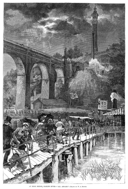 Harlem High Bridge, 1880. /Ntravelers Boarding A Ferry Near The High Bridge Over The Harlem River, New York. Wood Engraving, American, 1880. Poster Print by Granger Collection - Item # VARGRC0267312