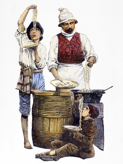 Spaghetti Vendor. /Nan Italian Spaghetti Vendor With Young Customers. Wood Engraving, 19Th Century. Poster Print by Granger Collection - Item # VARGRC0100587