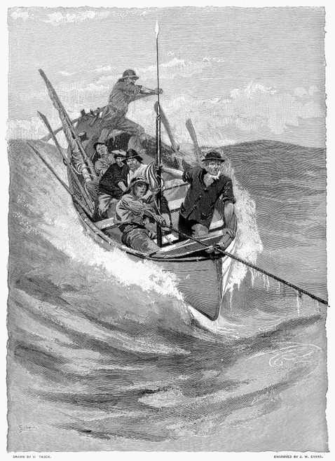 Whaling, 19Th Century. /Nwhaleboat Being Dragged By A Harpooned Whale (Known As A 'Nantucket Sleigh Ride'). Line Engraving, American, Late 19Th Century, After Isaiah West Taber. Poster Print by Granger Collection - Item # VARGRC0099337
