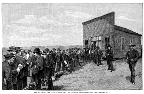 Oklahoma Land Rush, 1889. /Nline Outside The Land Office At Guthrie, Oklahoma, On The First Day Of The Oklahoma Land Rush, 22 April 1889. Contemporary American Wood Engraving. Poster Print by Granger Collection - Item # VARGRC0012006