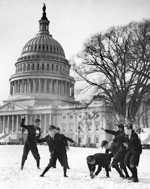 Washington: Snow Fight. /Nsenate Page Boys In A Snowball Fight In Front Of The U.S. Capitol In Washington, D.C. Photograph, Early 20Th Century. Poster Print by Granger Collection - Item # VARGRC0120043