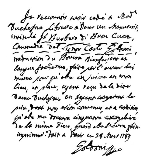 Carlo Goldoni (1707-1793). /Nitalian Playwright. Contract Written By Him In 1789 Selling The Rights Of His Play, "Il Burbero Di Buon Cuore," To Madame Duchesne, A Parisian Bookseller. Poster Print by Granger Collection - Item # VARGRC0066338
