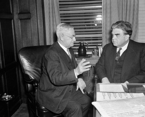 John Llewellyn Lewis /N(1880-1969). American Labor Leader. Lewis (Right) Meeting With Patrick O'Brien, Candidate For Mayor Of Detroit, To Discuss His Campaign. Photograph, 1937. Poster Print by Granger Collection - Item # VARGRC0117618