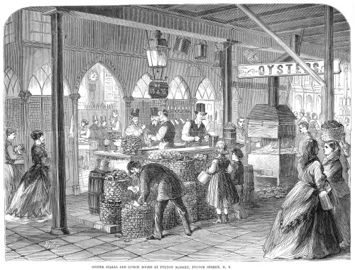 Fulton Fish Market, 1867. /Noyster Stalls And Lunch Rooms At Fulton Market, Fulton Street, New York. Wood Engraving, American, 1867. Poster Print by Granger Collection - Item # VARGRC0063533 Fulton Fish Market, 1867. /Noyster Stalls And Lunch Rooms At Fulton Market, Fulton Street, New York. Wood Engraving, American, 1867. Poster Print by Granger Collection - Item # VARGRC0063533