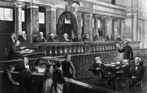 Supreme Court, 1888. /Nthe Justices Of The United States Supreme Court, Led By Chief Justice Morrison Waite, Hear A Case. Wood Engraving, 1888. Poster Print by Granger Collection - Item # VARGRC0168878