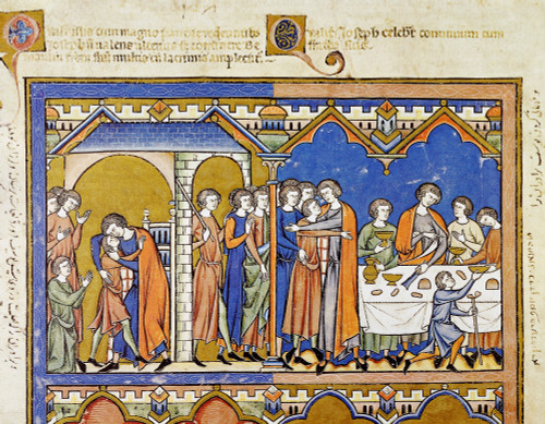 Benjamin And Joseph. /Nbenjamin Is Presented To Joseph Who Then Entertains Him And His Brethren (Genesis 43: 31-34). French Manuscript Illumination, C1250. Poster Print by Granger Collection - Item # VARGRC0033799