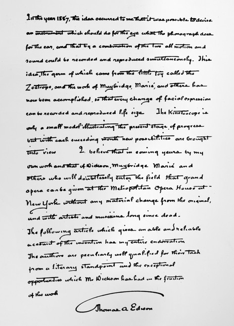 Thomas Edison (1847-1931). /Namerican Inventor. Autographed Letter From Edison, C1890, About The Kinetoscope, Mentioning The Work Of His Employee William Kennedy Laurie Dickson. Poster Print by Granger Collection - Item # VARGRC0123265