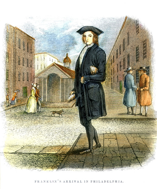 Benjamin Franklin (1706-1790). /Namerican Printer, Publisher, Scientist, Inventor, Statesman, And Diplomat. Franklin'S Arrival In Philadelphia In 1723. Wood Engraving, 1847. Poster Print by Granger Collection - Item # VARGRC0068820