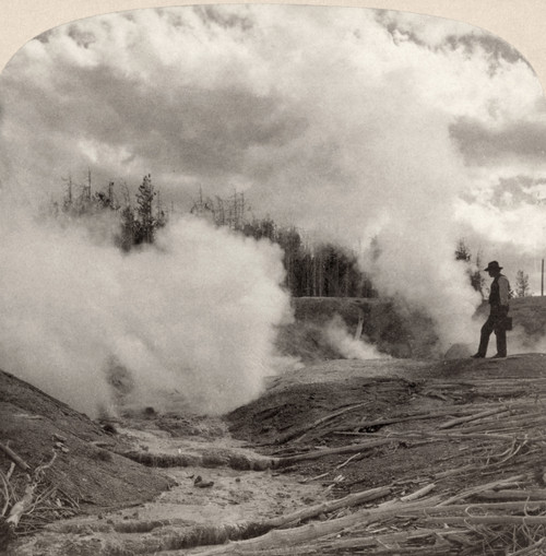 Yellowstone Park: Geyser. /Nspectator Watching Black Growler Geyser Eruption In Yellowstone National Park, Wyoming. Stereograph, C1902. Poster Print by Granger Collection - Item # VARGRC0129755