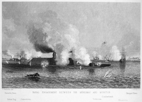 Monitor And Merrimack. /Nthe Engagement Between The 'Monitor' And The 'Merrimack,' In The Battle Of Hampton Roads, During The American Civil War, 9 March 1862. Steel Engraving, 19Th Century. Poster Print by Granger Collection - Item # VARGRC0005716