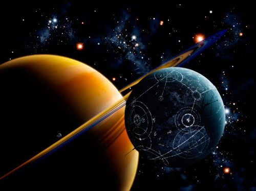 Two artificial moons travelling around a gas giant devouring the natural moons Poster Print by Brian Christensen/Stocktrek Images - Item # VARPSTBCH100003S