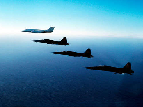Three F-5E Tiger IIs fly in formation with a Learjet 25 Poster Print by Dave Baranek/Stocktrek Images - Item # VARPSTDBR100007M