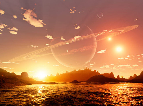 A scene on a distant moon orbiting a gas giant in a trinary star system Poster Print by Brian Christensen/Stocktrek Images - Item # VARPSTBCH100002S