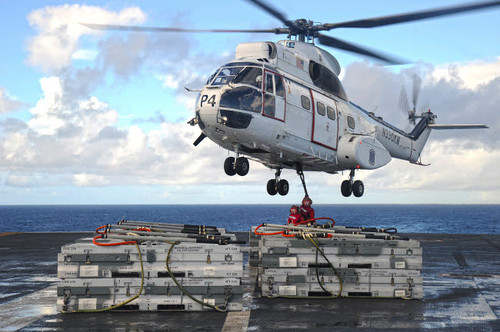 Sailors  attach cargo legs to an SA330J Puma helicopter Poster Print by Stocktrek Images - Item # VARPSTSTK108388M