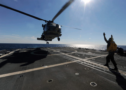 Boatswain's Mate signals the pilots of an SH-60B Sea Hawk helicopter Poster Print by Stocktrek Images - Item # VARPSTSTK105581M