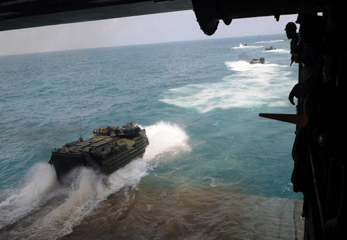 Amphibious assault vehicles exit the well deck of USS Denver Poster Print by Stocktrek Images - Item # VARPSTSTK104135M