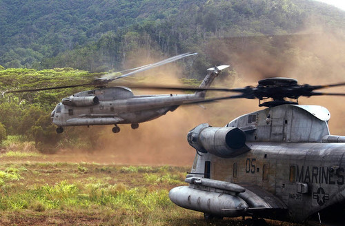 CH-53D Sea Stallion helicopters lift off during the extraction of Marines Poster Print by Stocktrek Images - Item # VARPSTSTK100587M