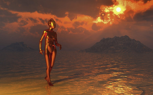 An android robot walking along a deserted shoreline Poster Print by Mark Stevenson/Stocktrek Images - Item # VARPSTMAS200198S