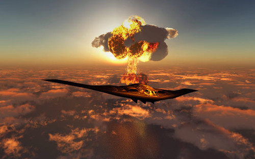 A B-2 Spirit stealth bomber flying away from its atomic bomb blast Poster Print by Mark Stevenson/Stocktrek Images - Item # VARPSTMAS101033M