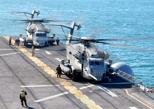 CH-53E Super Stallion helicopters prepare to take off from USS Iwo Jima Poster Print by Stocktrek Images - Item # VARPSTSTK105525M