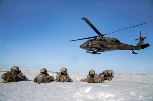 US Army paratroopers pull security after exiting a UH-60 Black Hawk Poster Print by Stocktrek Images - Item # VARPSTSTK108634M