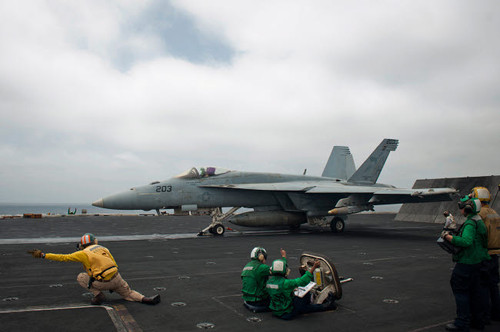 Sailors signal to launch an F/A-18E Super Hornet Poster Print by Stocktrek Images - Item # VARPSTSTK107780M