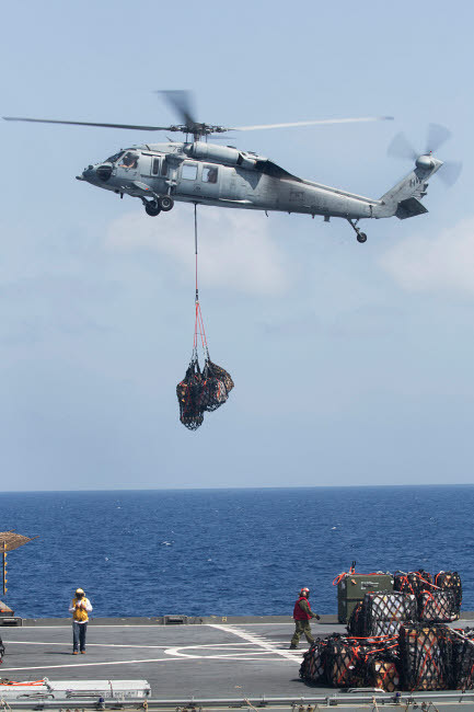 An MH-60S Sea Hawk picks up cargo from USNS Medgar Evers Poster Print by Stocktrek Images - Item # VARPSTSTK107556M