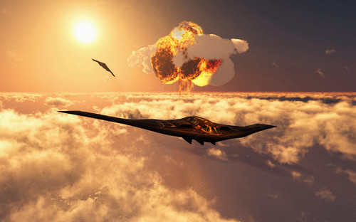 A B-2 Spirit stealth bomber flying away from its atomic bomb blast Poster Print by Mark Stevenson/Stocktrek Images - Item # VARPSTMAS101034M