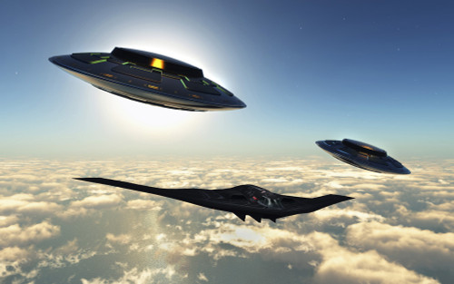 A B-2 Spirit stealth bomber being escorted by a pair of flying saucers Poster Print by Mark Stevenson/Stocktrek Images - Item # VARPSTMAS200132S