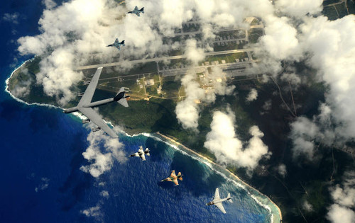A B-52 Stratofortress leads a formation of aircraft over Guam Poster Print by Stocktrek Images - Item # VARPSTSTK102959M