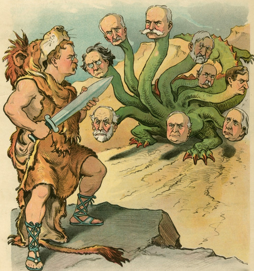 Illustration shows Hercules wearing a lion skin and holding a sword, facing a nine-headed hydra.  By J.S. Pughe for Puck Magazine., 1905 April 5. Poster Print by J.S. Pughe - Item # VARBLL0587396784