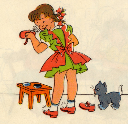 Girl Polishes her shoes as a cat looks on Poster Print - Item # VARBLL058759502L