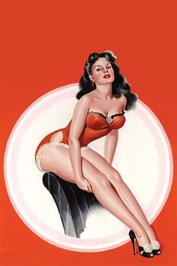 Beautiful Girl in High Heels sits open the back of a chair with a huge circle image behind her; her bathing suit is laced Poster Print by Peter Driben - Item # VARBLL0587285737