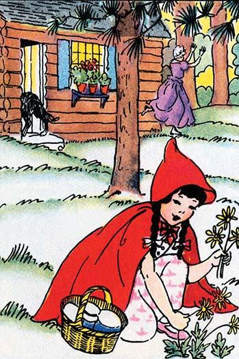 Little red riding hood picks flowers in the woods as the wolf rushes into grandma's house and she flees in terror. Poster Print by Julia Letheld Hahn - Item # VARBLL0587275634