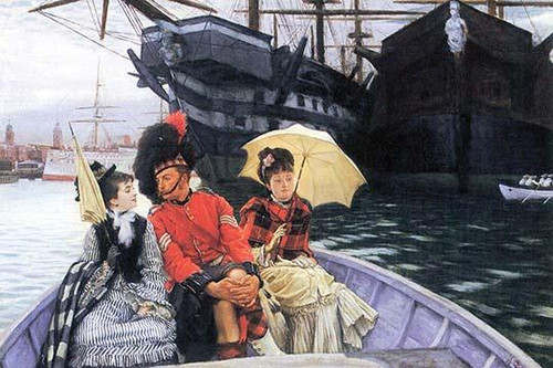 British soldier wearing a sergeants uniform is on board a rowboat with two young woman to whom he is romantically prone Poster Print by James Tissot - Item # VARBLL0587255536