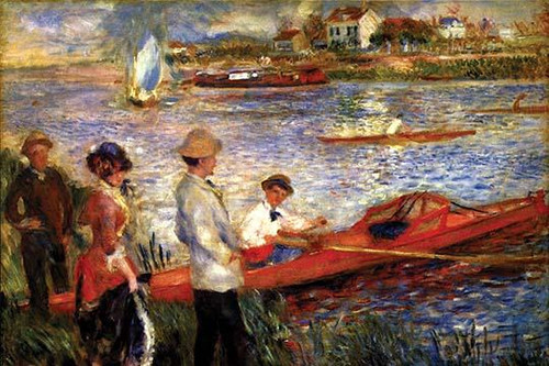 On the Riverbank at Chatou, men and women in fine attire stand on the embankment while an oarsmen sits in a boat inviting them to take a ride Poster Print by Pierre-August  Renoir - Item # VARBLL058725498x