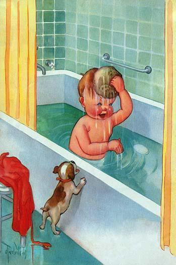A little puppy barks at the edge of the bathtub as a little boy sponges himself clean.  From the kids book Daily Dozen. Poster Print by Mildred Plew Merryman - Item # VARBLL0587315156