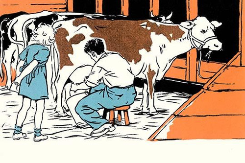 A farmer milks a cow as his daughter watches. Poster Print by Margaret Hoopes