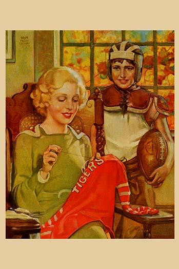 Mother sews her son's football Jersey as he looks on Poster Print by Home Arts - Item # VARBLL0587247258